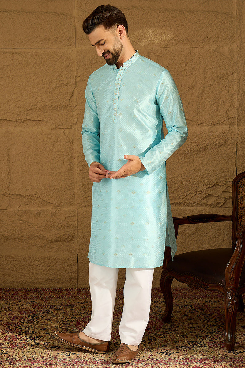 Blue Silk Blend Solid Woven Design Straight Kurta For Men | SHOBITAM