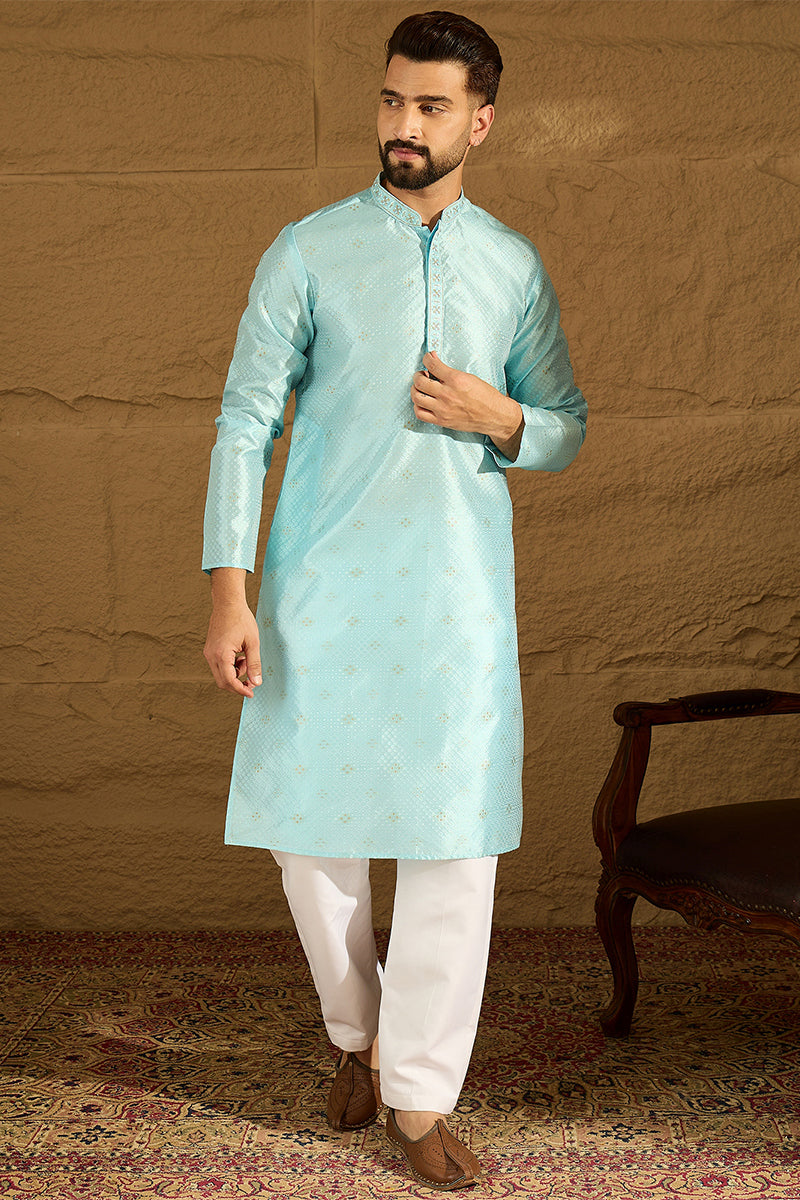 Blue Silk Blend Solid Woven Design Straight Kurta For Men | SHOBITAM