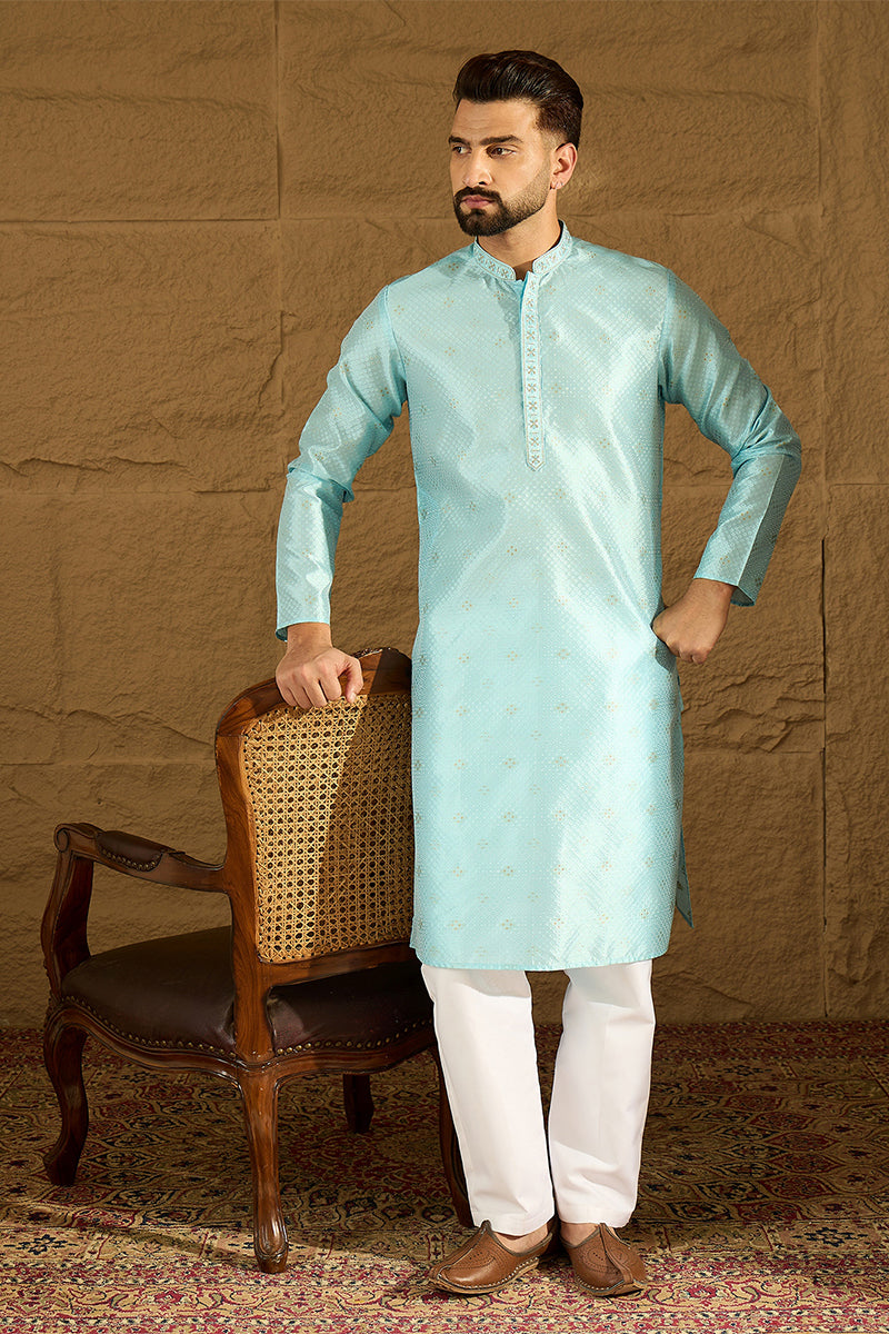 Blue Silk Blend Solid Woven Design Straight Kurta For Men | SHOBITAM