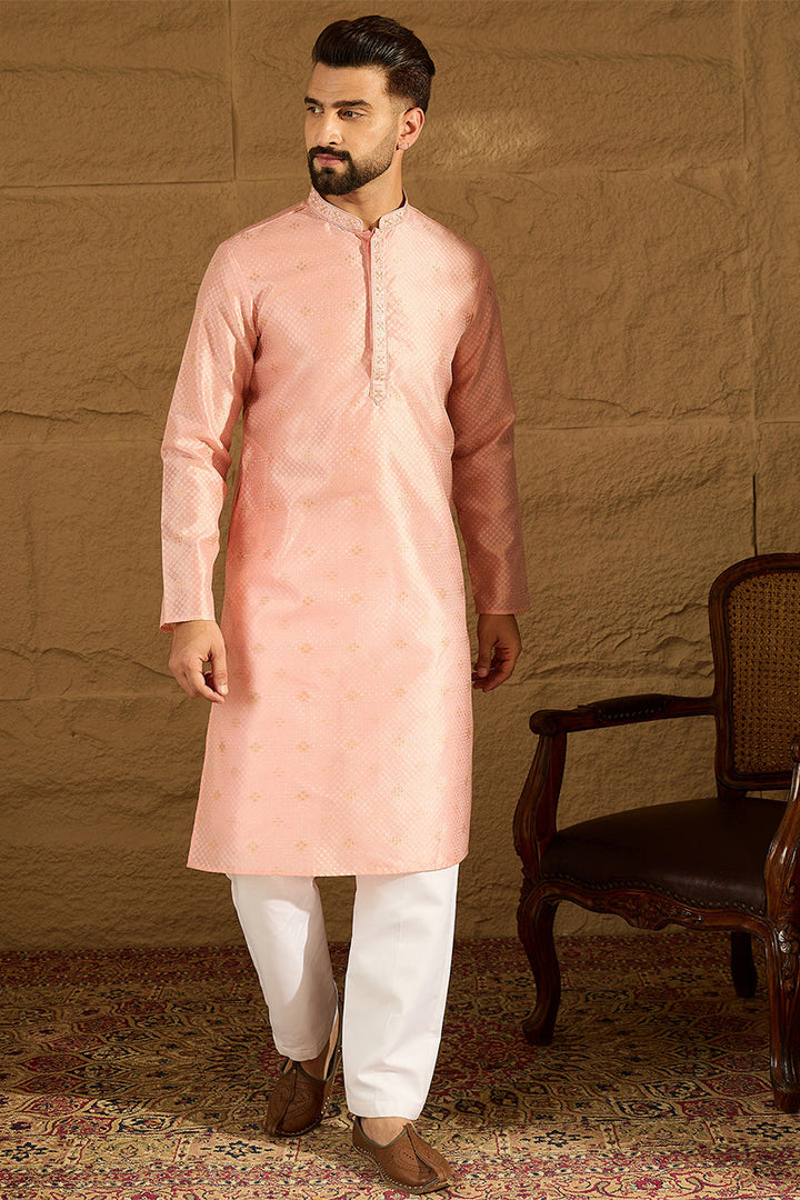 Peach Polyester Solid Embroidered Straight Kurta For Men | SHOBITAM
