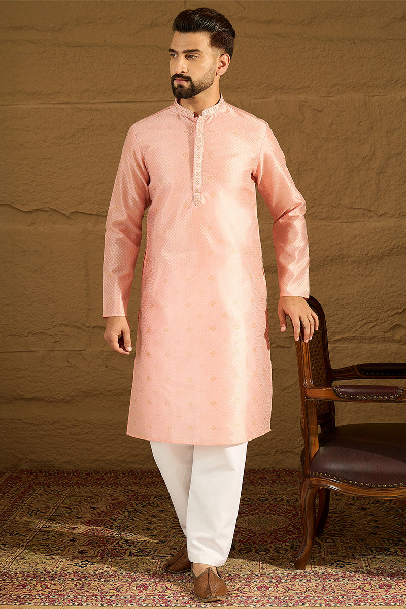 Peach Polyester Solid Embroidered Straight Kurta For Men | SHOBITAM