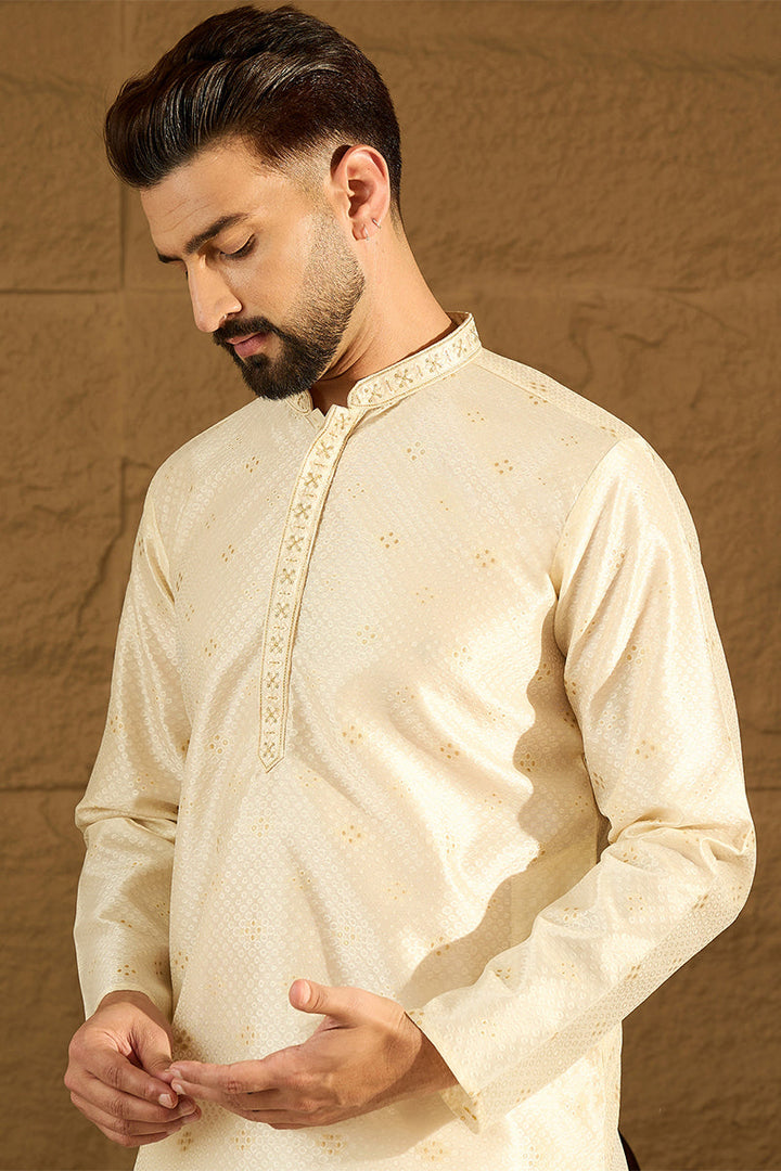 Off White Silk Blend Solid Woven Design Straight Kurta with Trouser | SHOBITAM