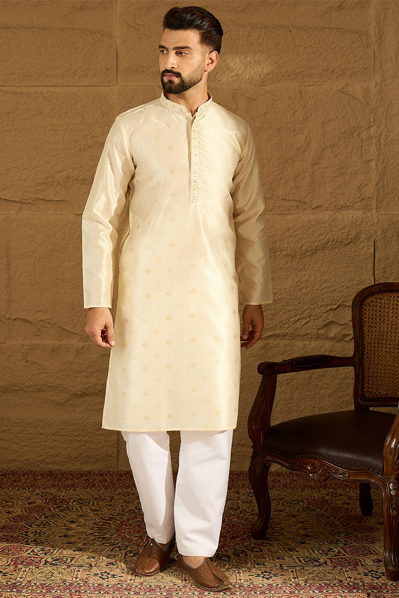 Off White Silk Blend Solid Woven Design Straight Kurta For Men | SHOBITAM