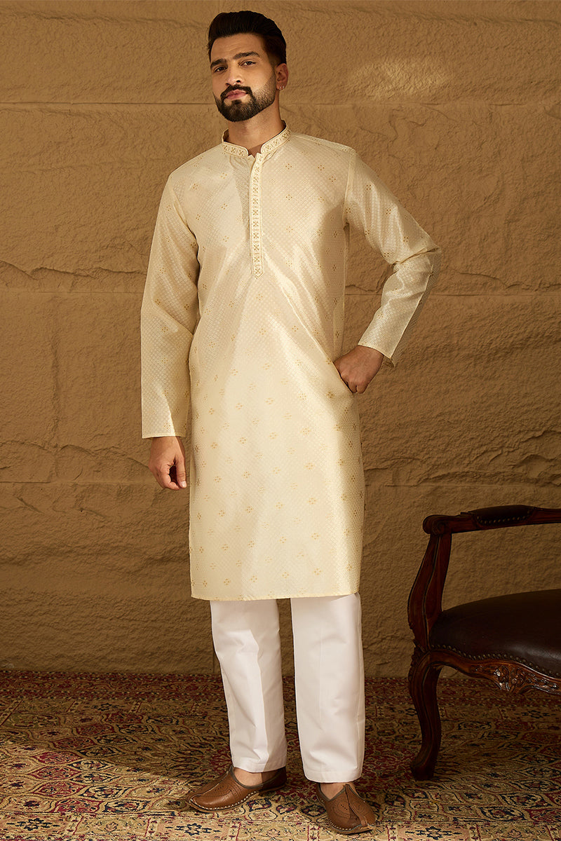 Off White Silk Blend Solid Woven Design Straight Kurta with Trouser | SHOBITAM