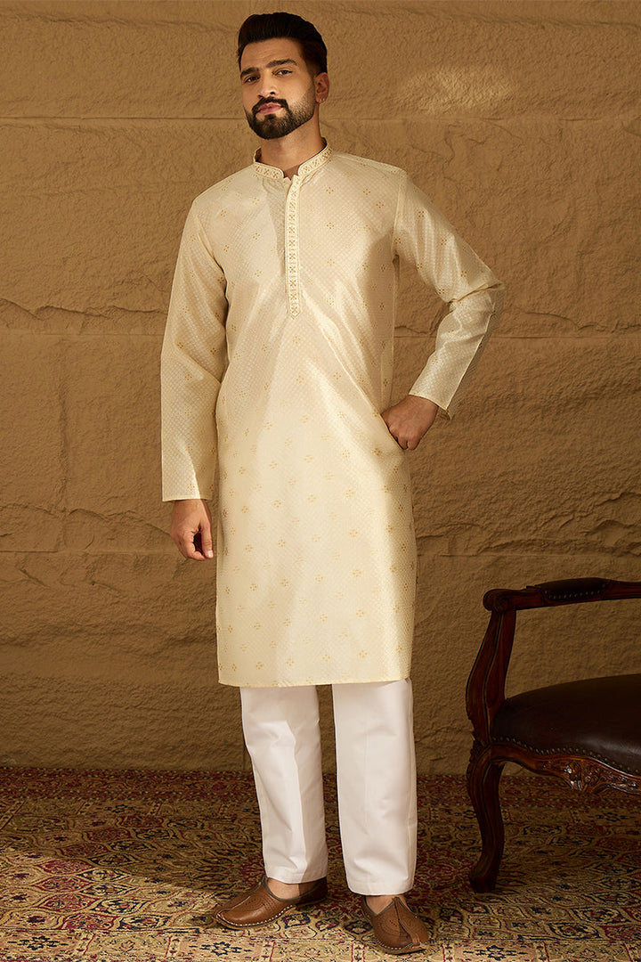Off White Silk Blend Solid Woven Design Straight Kurta with Trouser | SHOBITAM