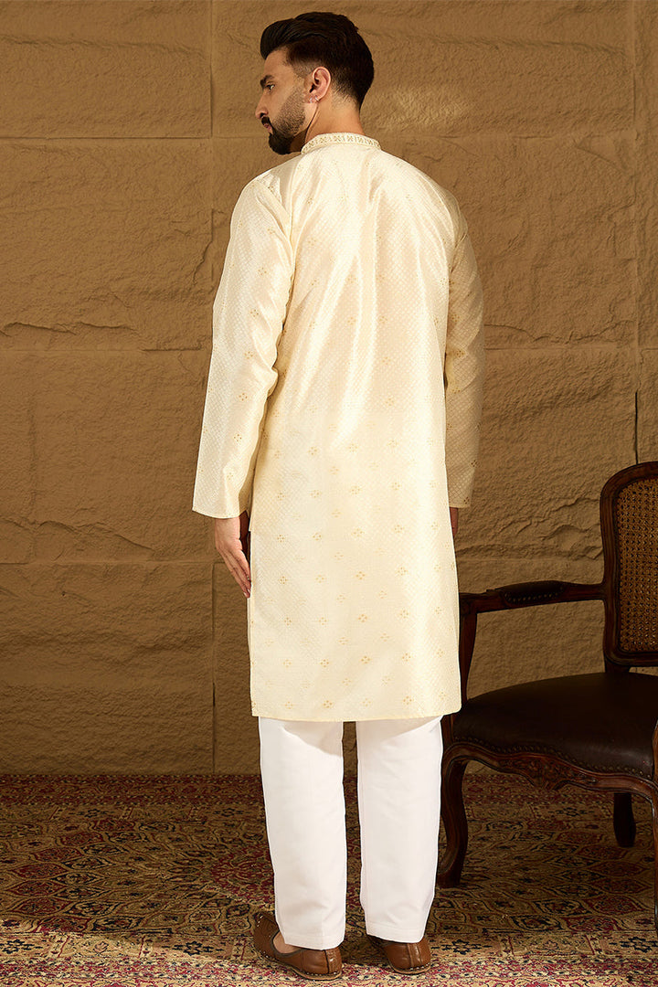 Off White Silk Blend Solid Woven Design Straight Kurta For Men | SHOBITAM