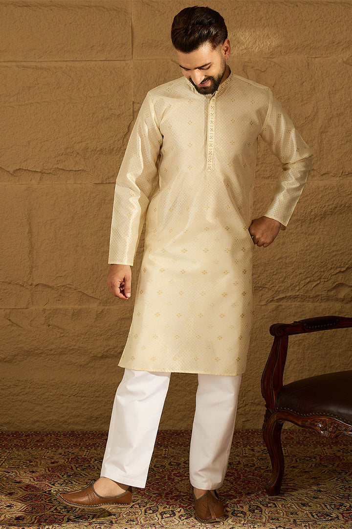 Off White Silk Blend Solid Woven Design Straight Kurta with Trouser | SHOBITAM