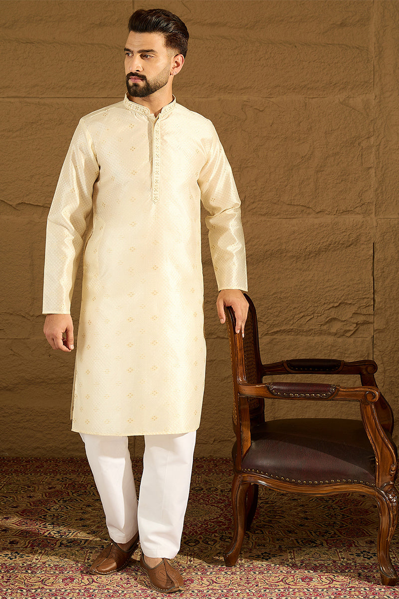 Off White Silk Blend Solid Woven Design Straight Kurta For Men | SHOBITAM