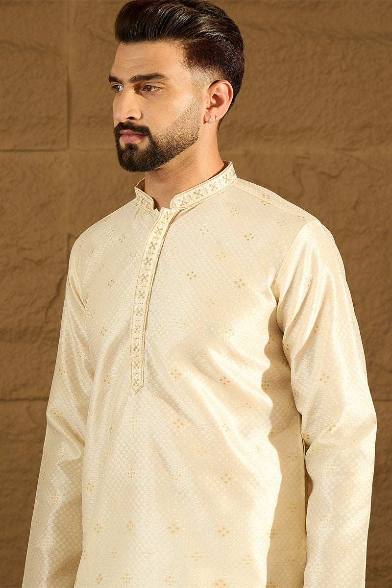 Off White Silk Blend Solid Woven Design Straight Kurta For Men | SHOBITAM