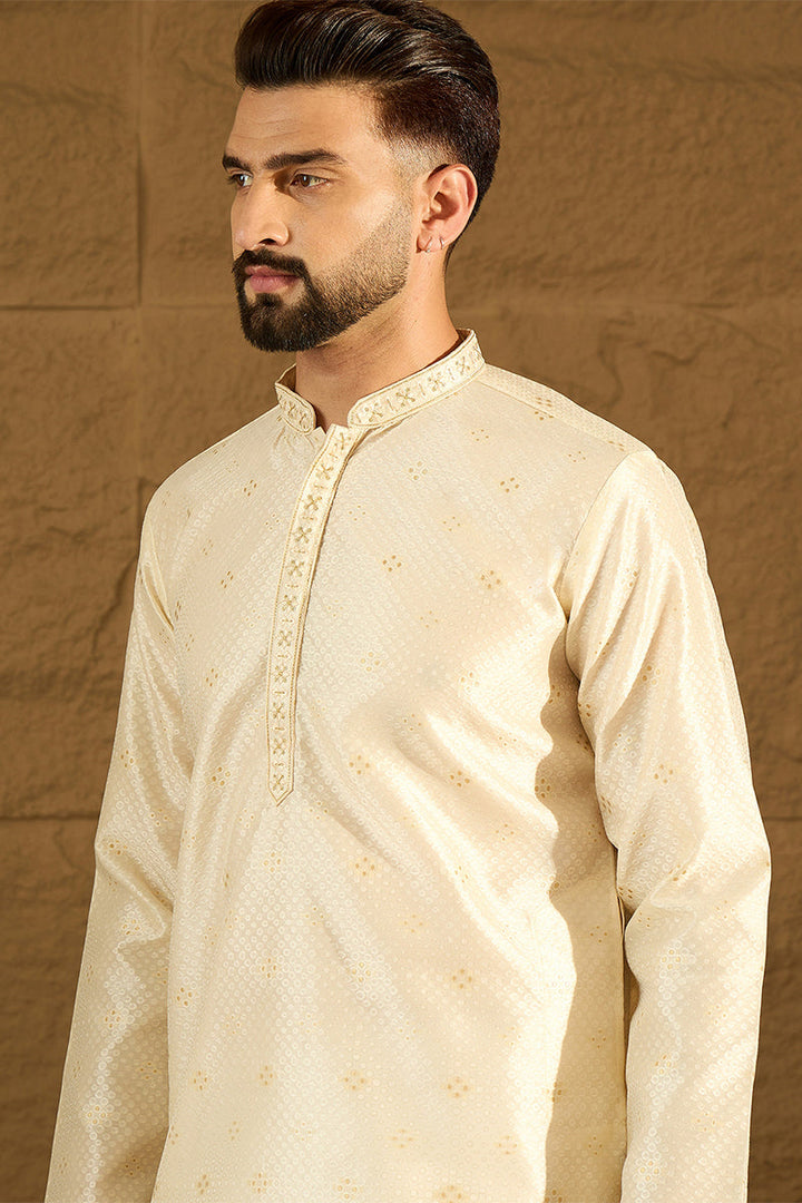 Off White Silk Blend Solid Woven Design Straight Kurta with Trouser | SHOBITAM
