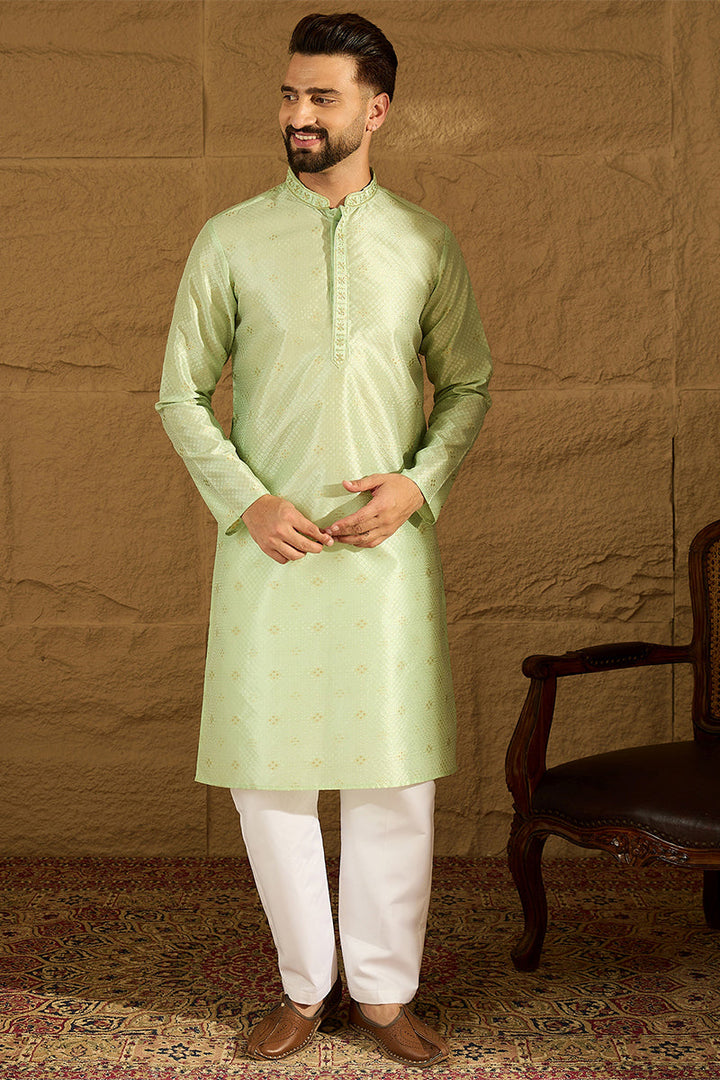 Pista Green Yellow Silk Blend Solid Woven Design Straight Kurta with Trouser | SHOBITAM