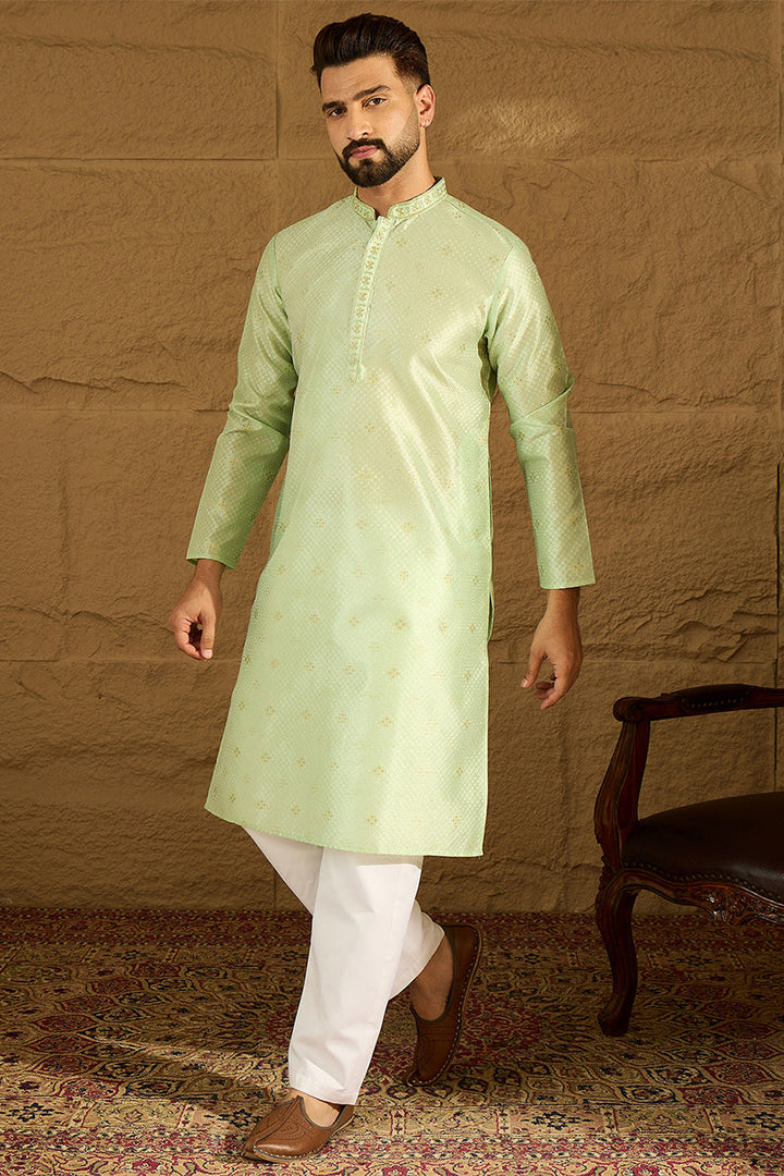 Pista Green Yellow Silk Blend Solid Woven Design Straight Kurta with Trouser | SHOBITAM