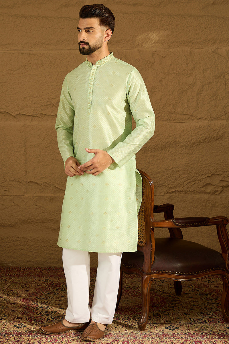Yellow Silk Blend Solid Woven Design Straight Kurta For Men | SHOBITAM