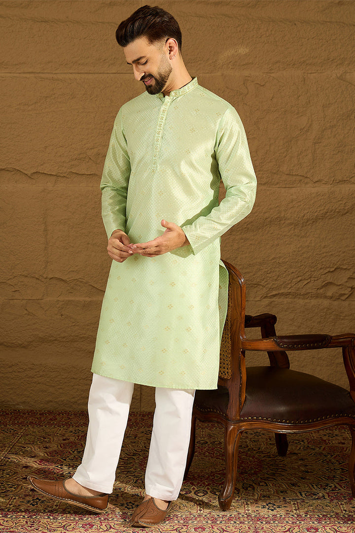 Yellow Silk Blend Solid Woven Design Straight Kurta For Men | SHOBITAM