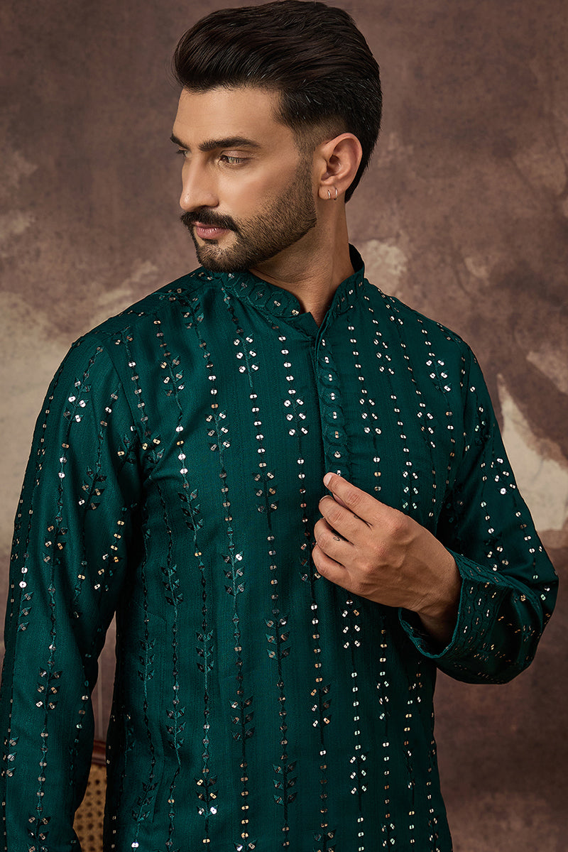 Teal Silk Solid Embroidered Straight Kurta | SHOBITAM