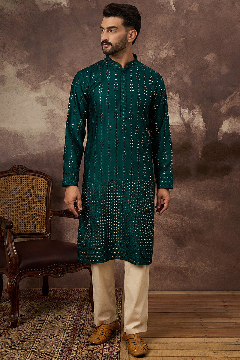 Teal Silk Solid Embroidered Straight Kurta | SHOBITAM