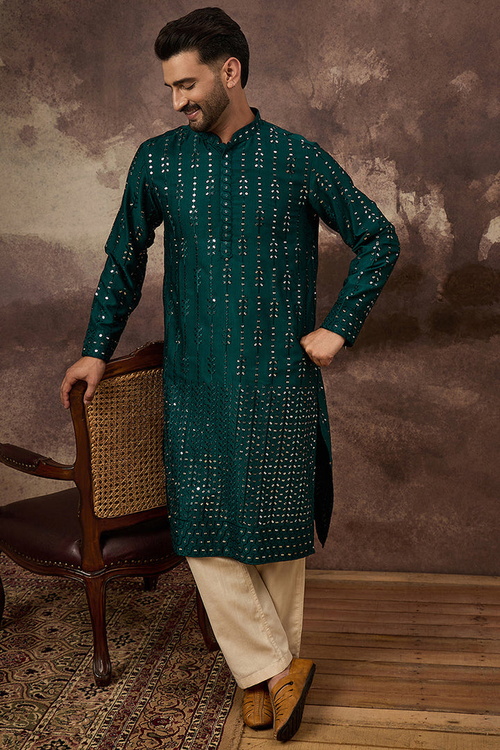 Teal Silk Solid Embroidered Straight Kurta | SHOBITAM