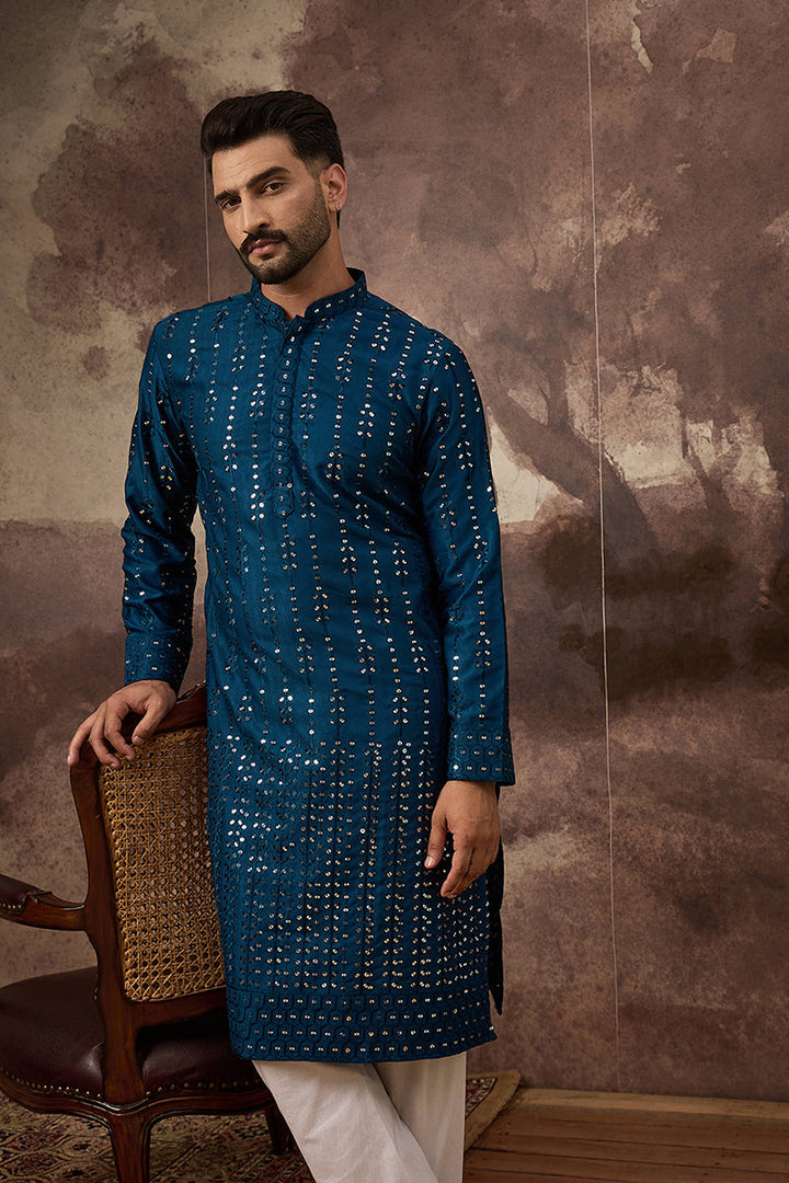 Blue Silk Blend Solid Embroidered Straight Kurta | SHOBITAM