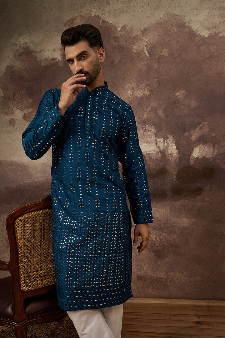 Blue Silk Blend Solid Embroidered Straight Kurta | SHOBITAM