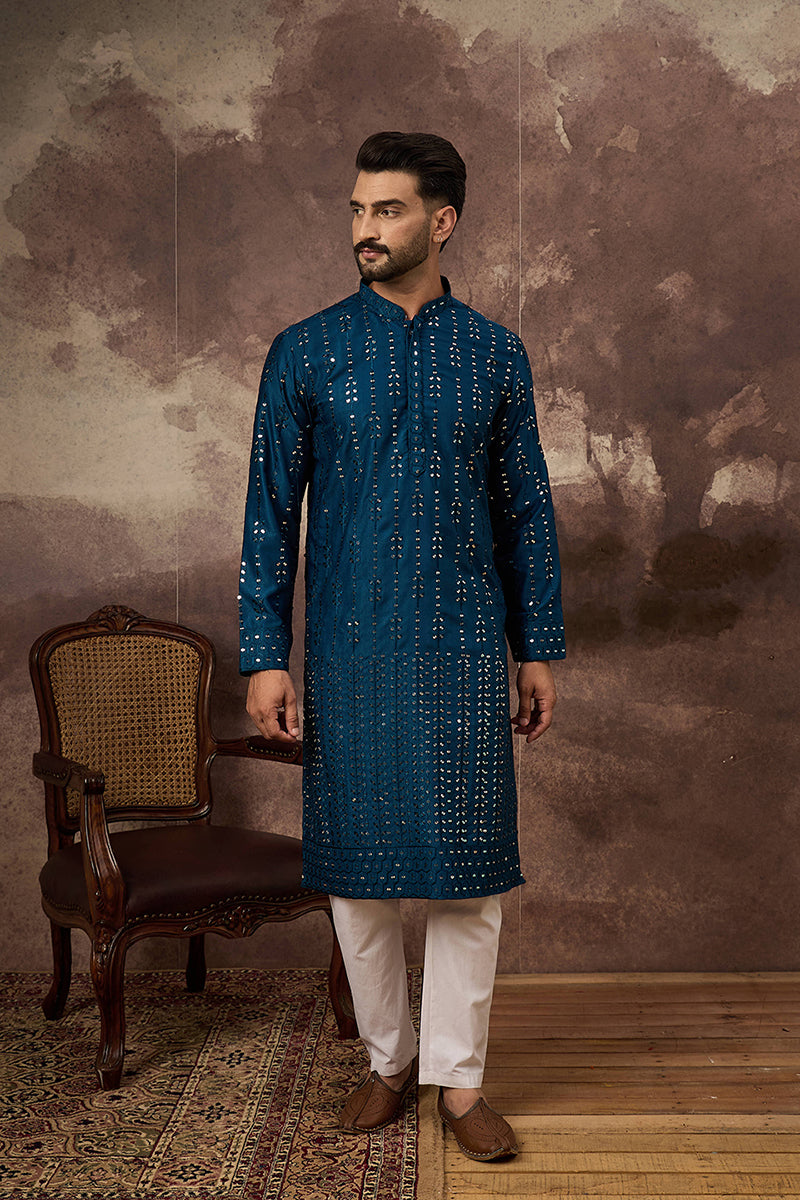 Blue Silk Blend Solid Embroidered Straight Kurta | SHOBITAM