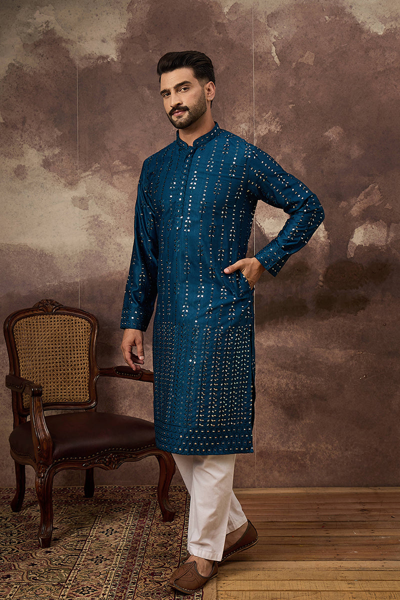 Blue Silk Blend Solid Embroidered Straight Kurta | SHOBITAM