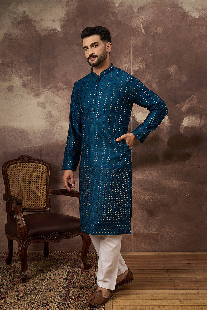 Blue Silk Blend Solid Embroidered Straight Kurta | SHOBITAM