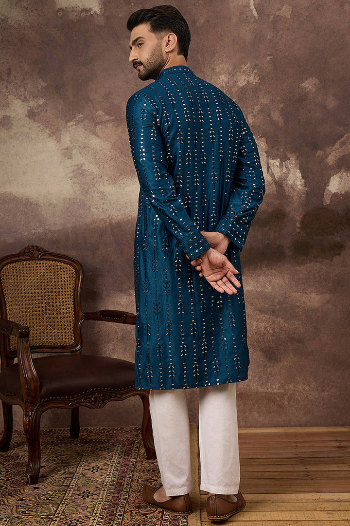 Blue Silk Blend Solid Embroidered Straight Kurta | SHOBITAM