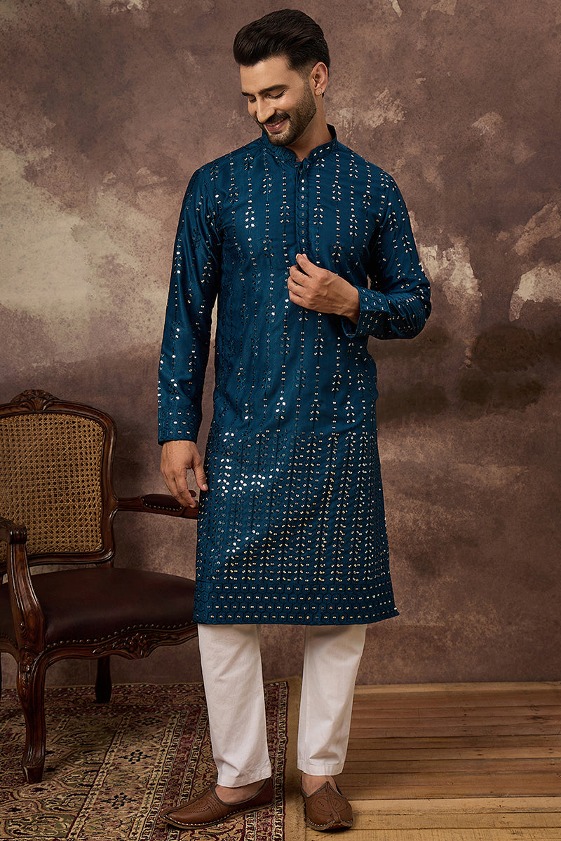 Blue Silk Blend Solid Embroidered Straight Kurta | SHOBITAM