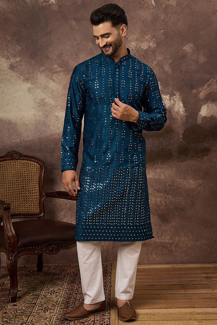 Blue Silk Blend Solid Embroidered Straight Kurta | SHOBITAM