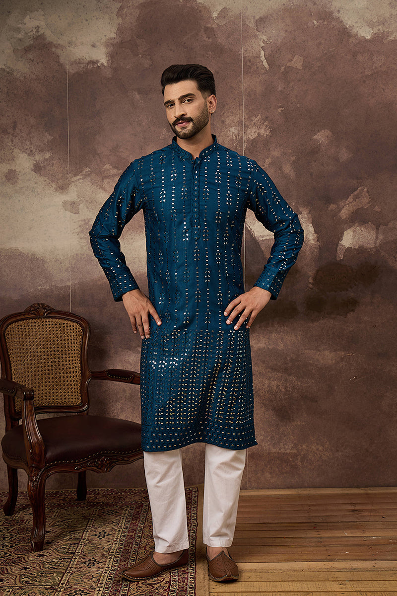 Blue Silk Blend Solid Embroidered Straight Kurta | SHOBITAM