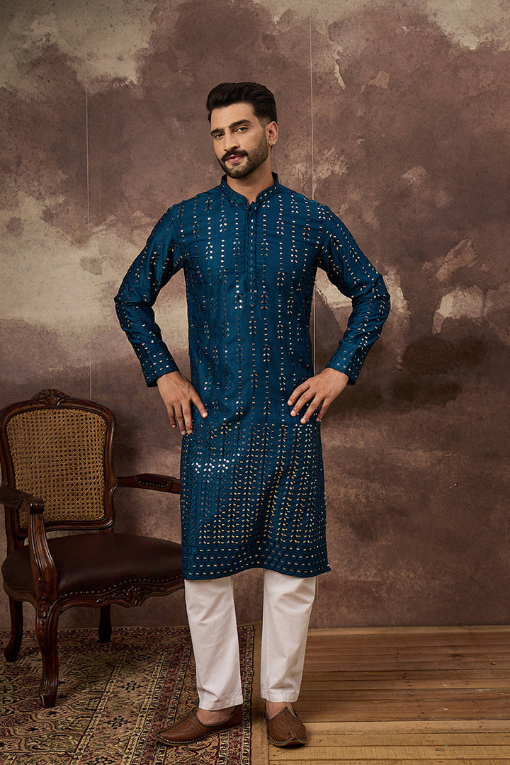 Blue Silk Blend Solid Embroidered Straight Kurta | SHOBITAM
