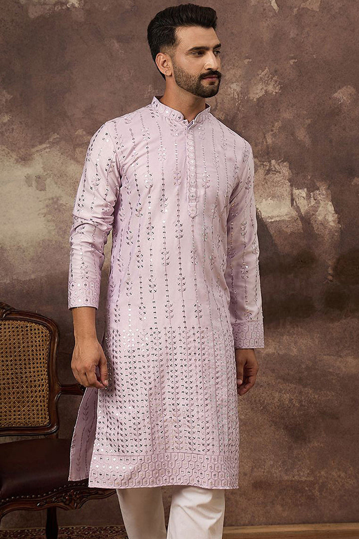 Lavender Silk Blend Solid Embroidered Straight Kurta  | SHOBITAM