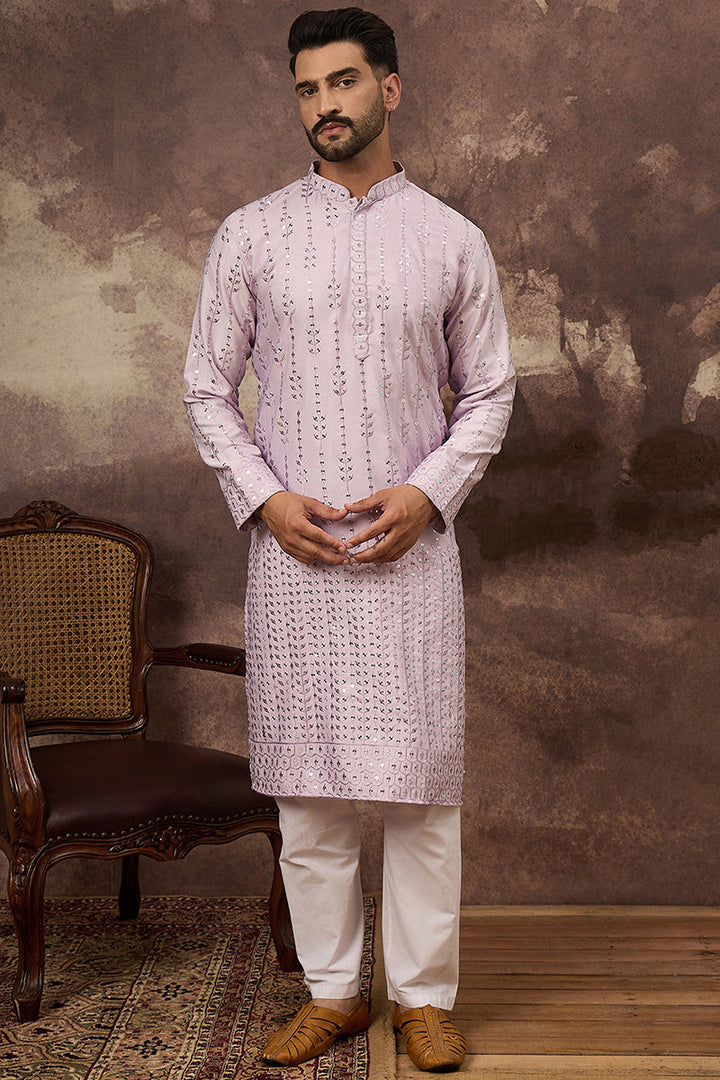 Lavender Silk Blend Solid Embroidered Straight Kurta  | SHOBITAM