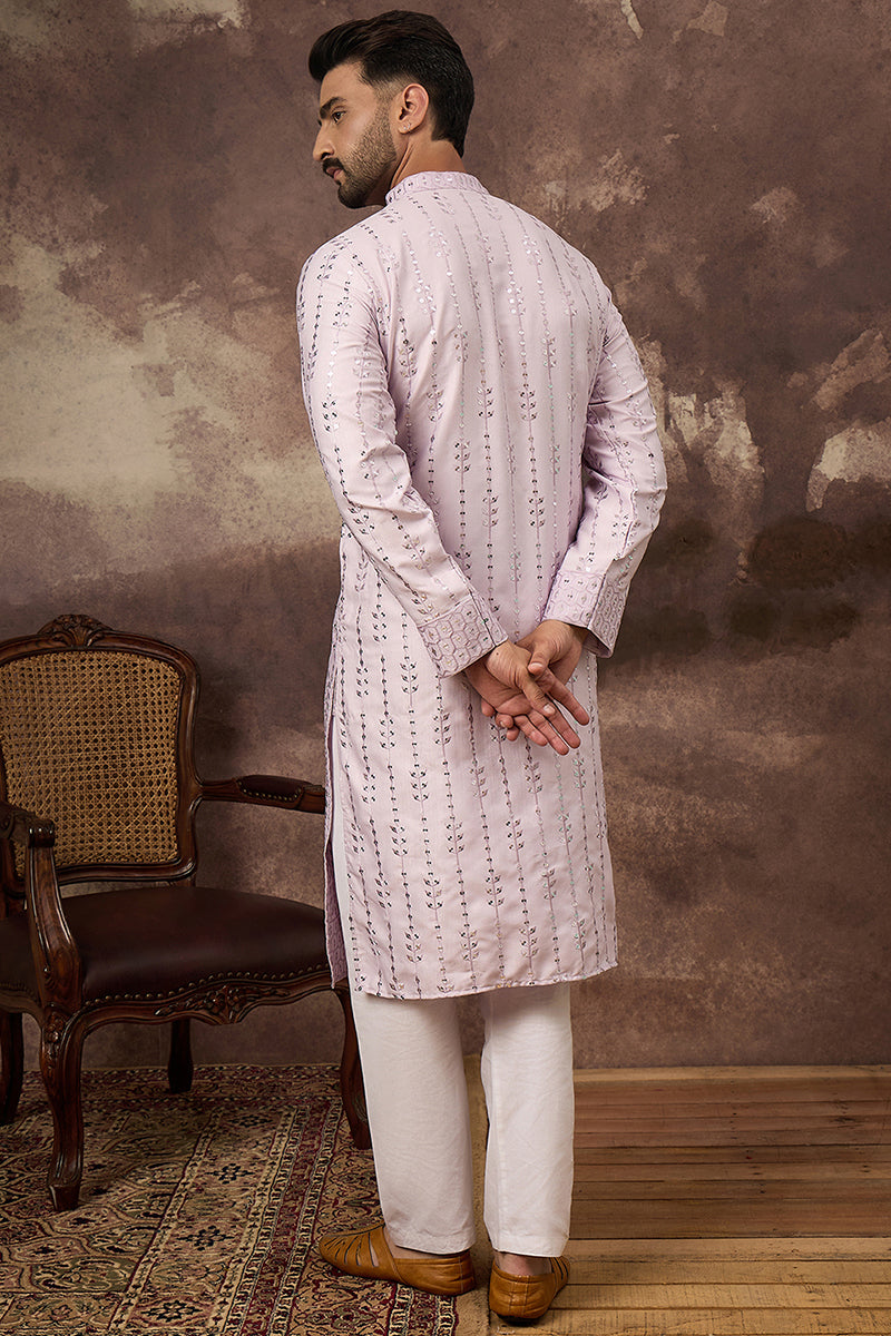 Lavender Silk Blend Solid Embroidered Straight Kurta  | SHOBITAM