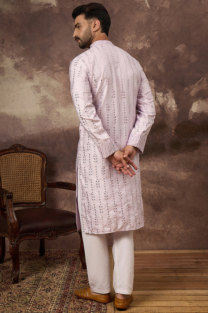 Lavender Silk Blend Solid Embroidered Straight Kurta  | SHOBITAM