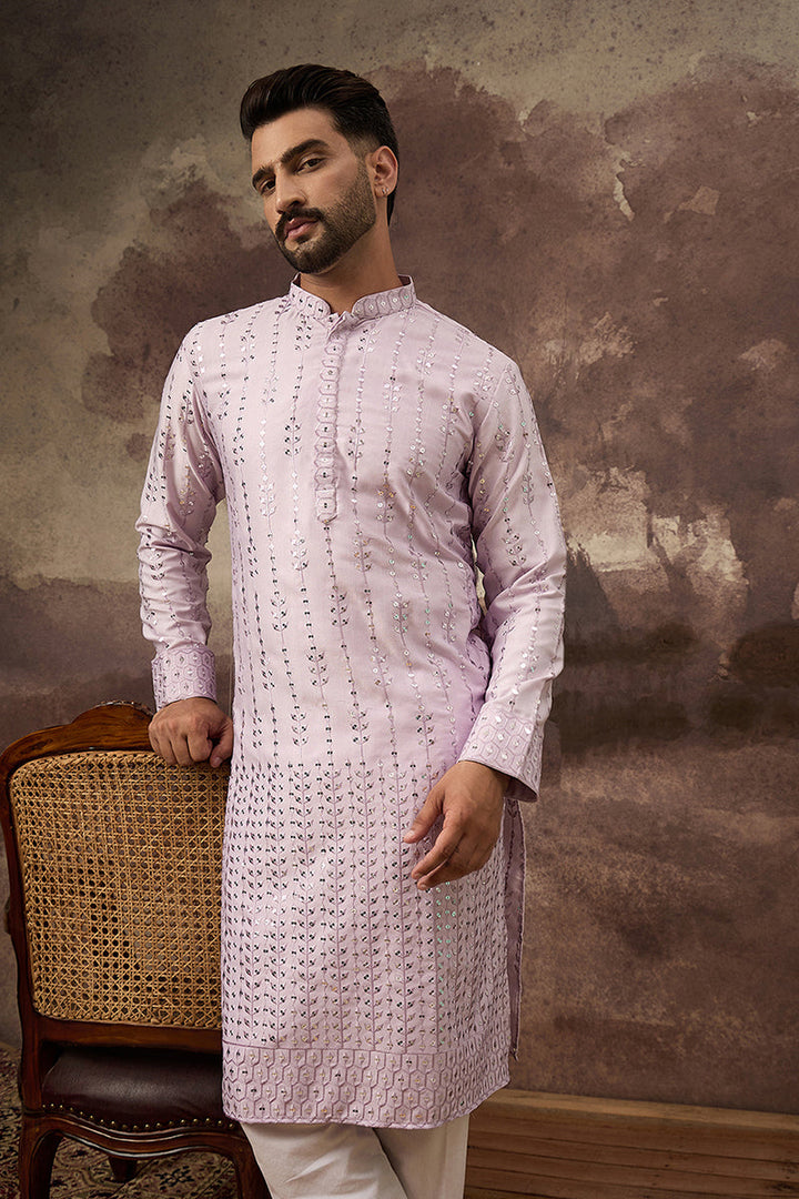 Lavender Silk Blend Solid Embroidered Straight Kurta  | SHOBITAM