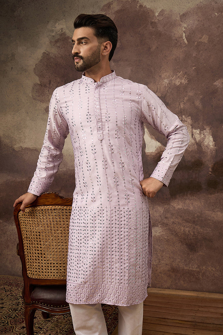 Lavender Silk Blend Solid Embroidered Straight Kurta  | SHOBITAM
