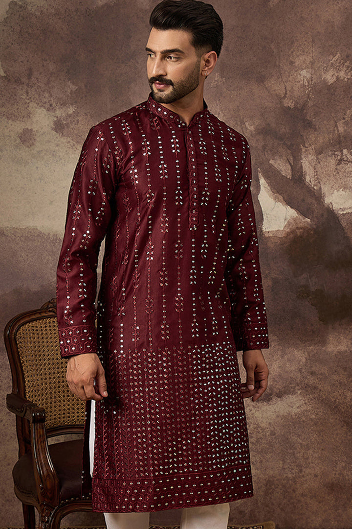 Maroon Silk Blend Solid Embroidered Straight Kurta | SHOBITAM