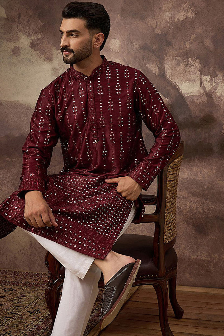 Maroon Silk Blend Solid Embroidered Straight Kurta | SHOBITAM