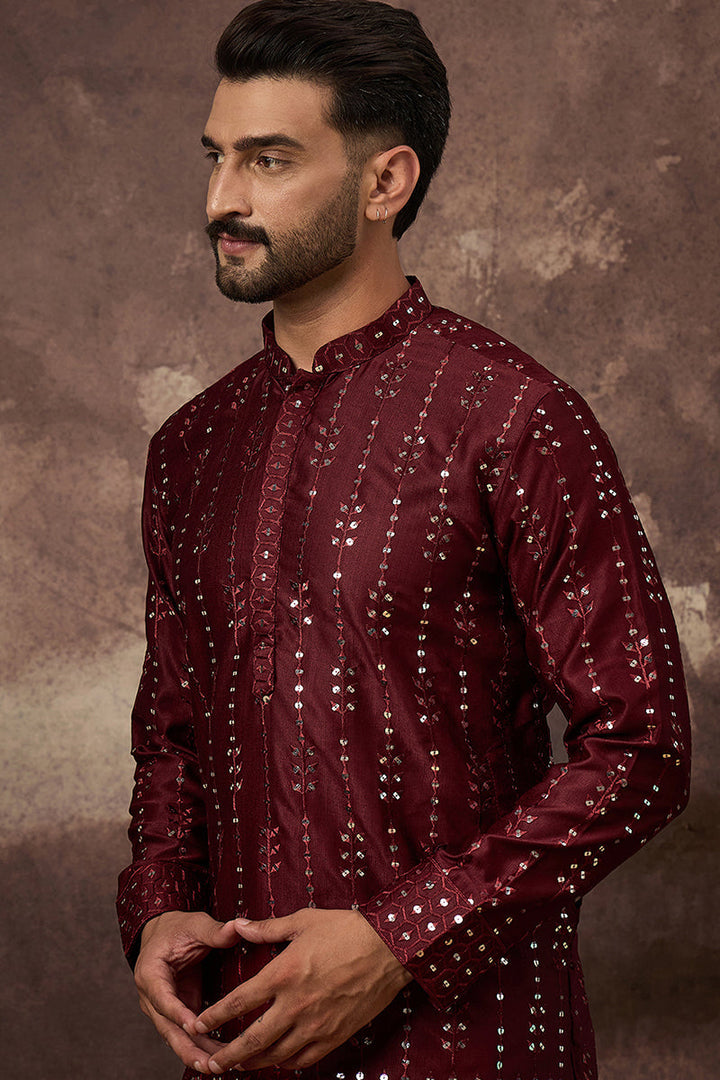 Maroon Silk Blend Solid Embroidered Straight Kurta | SHOBITAM