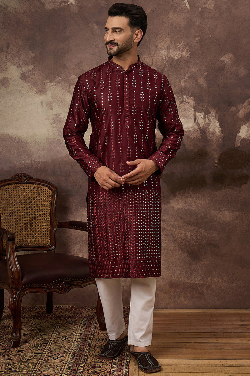 Maroon Silk Blend Solid Embroidered Straight Kurta | SHOBITAM