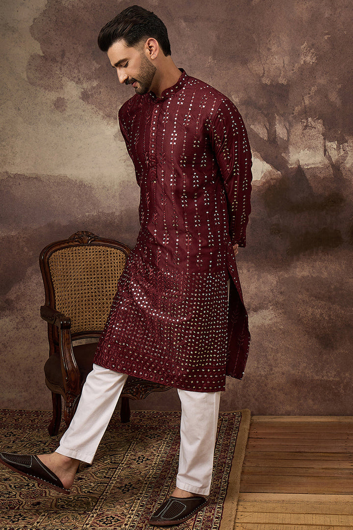 Maroon Silk Blend Solid Embroidered Straight Kurta | SHOBITAM