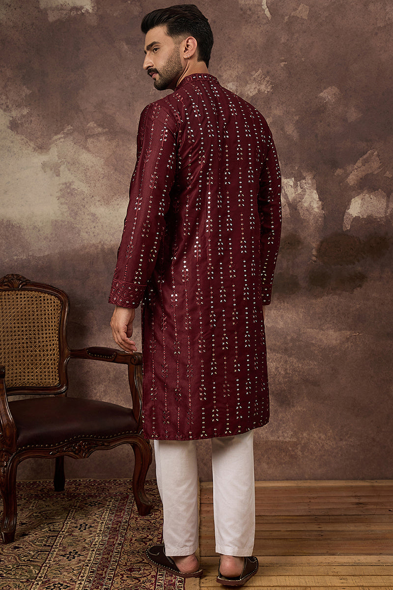 Maroon Silk Blend Solid Embroidered Straight Kurta With Pant Set | SHOBITAM