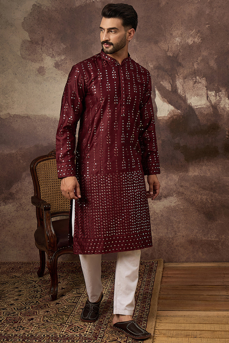 Maroon Silk Blend Solid Embroidered Straight Kurta | SHOBITAM