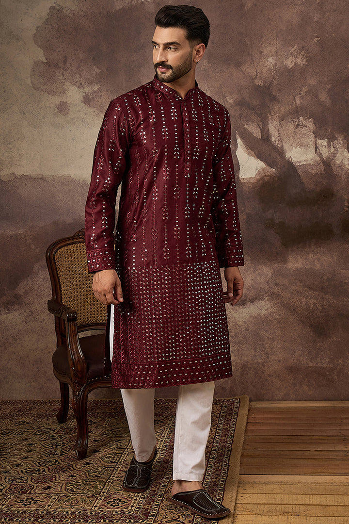 Maroon Silk Blend Solid Embroidered Straight Kurta | SHOBITAM