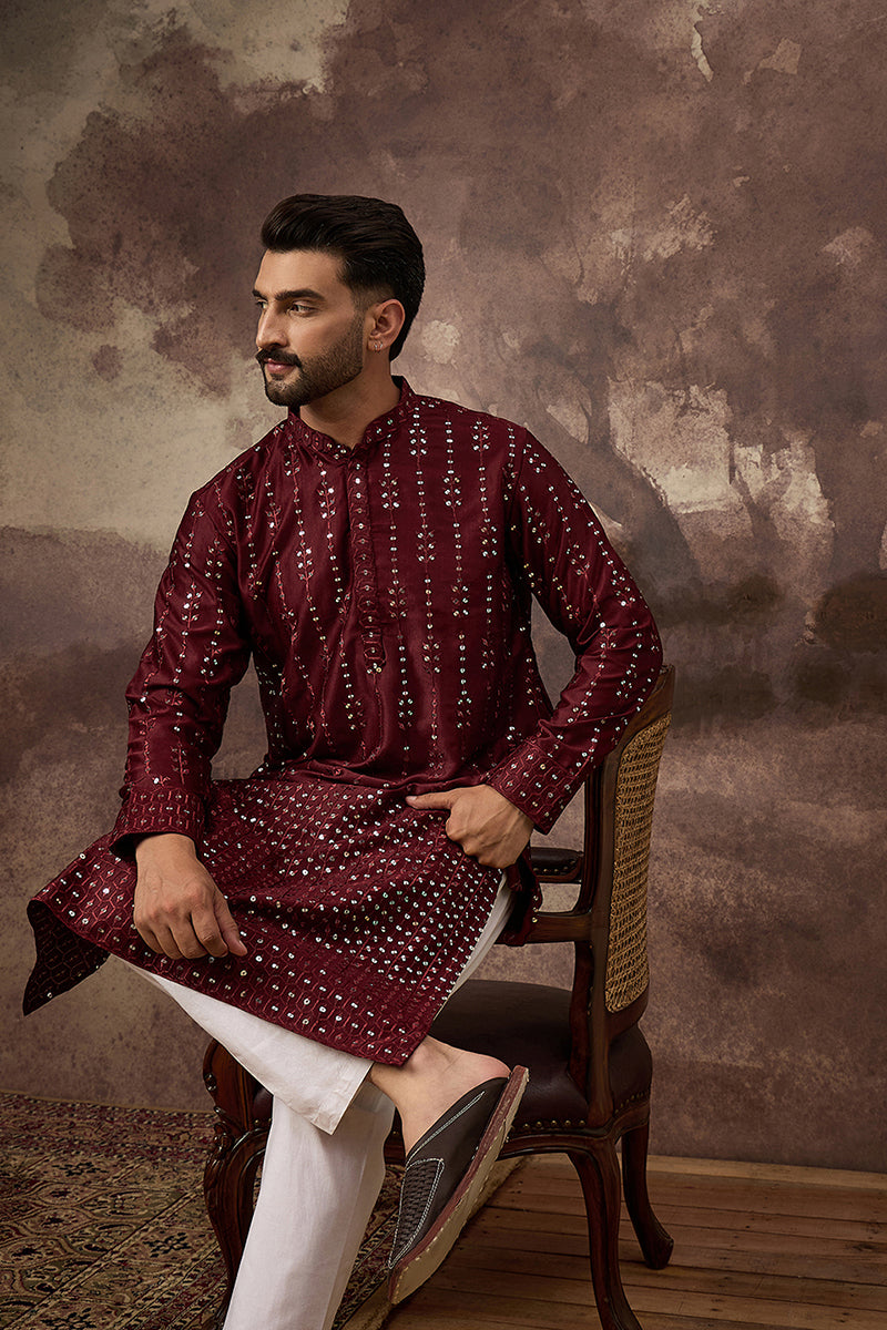 Maroon Silk Blend Solid Embroidered Straight Kurta | SHOBITAM