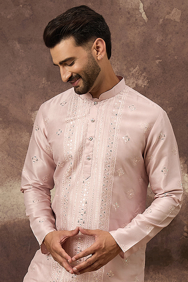 Pink Silk Blend Solid Embroidered Straight Kurta | SHOBITAM