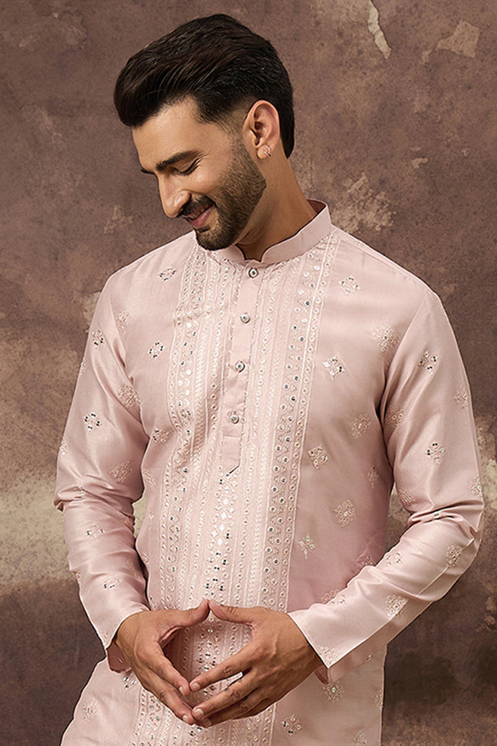 Pink Silk Blend Solid Embroidered Straight Kurta | SHOBITAM