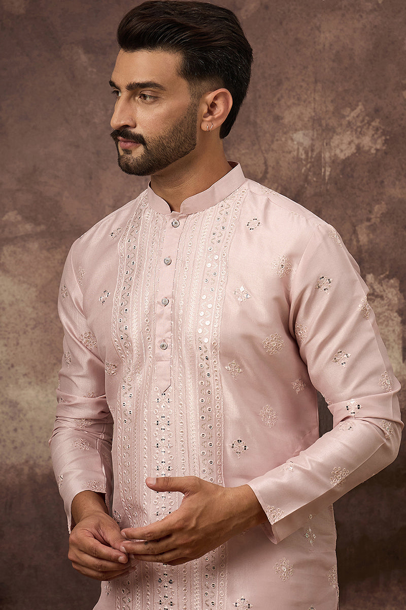 Pink Silk Blend Solid Embroidered Straight Kurta | SHOBITAM