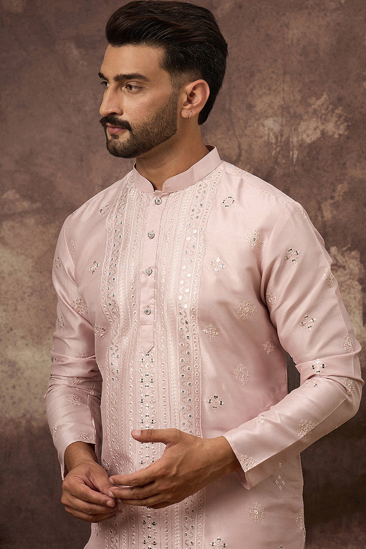 Pink Silk Blend Solid Embroidered Straight Kurta | SHOBITAM